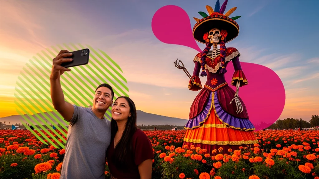 pareja en campo de cempasúchil frente a catrina tomandose foto | JAPI