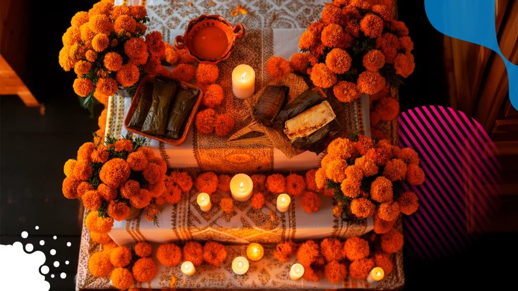 ofrenda con flores y tamales | JAPI