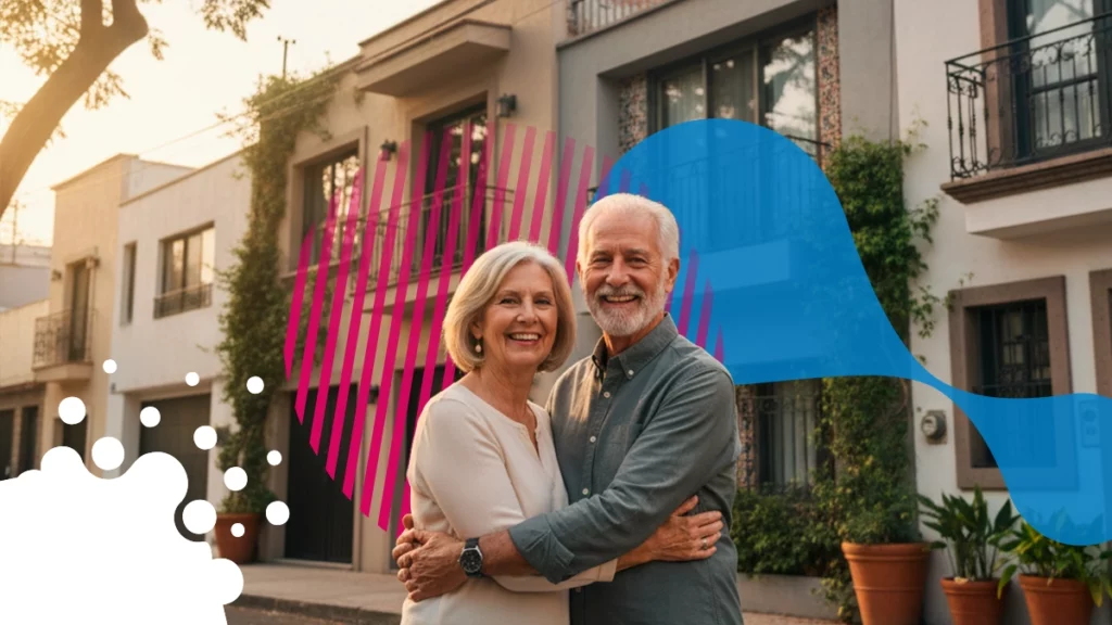 pareja de adultos sonriendo y abrazados frente a viviendas | JAPI