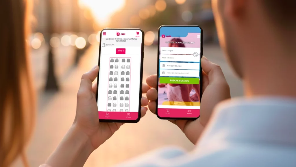 2 celulares mostrando buscador de rutas y selección de asientos | JAPI