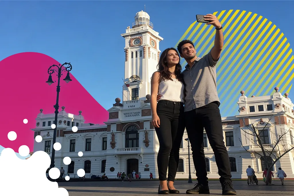pareja tomándose foto frente a iglesia | JAPI